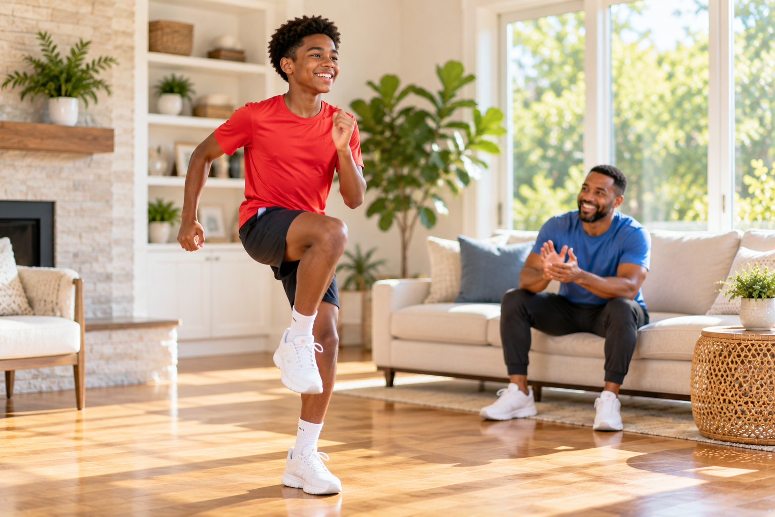 Teen doing high knees at home while his dad cheers from the sofa