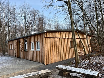 Holzhütte aus senkrechten Fichtenbrettern mit geschnitztem Baummotiv an der Fassade