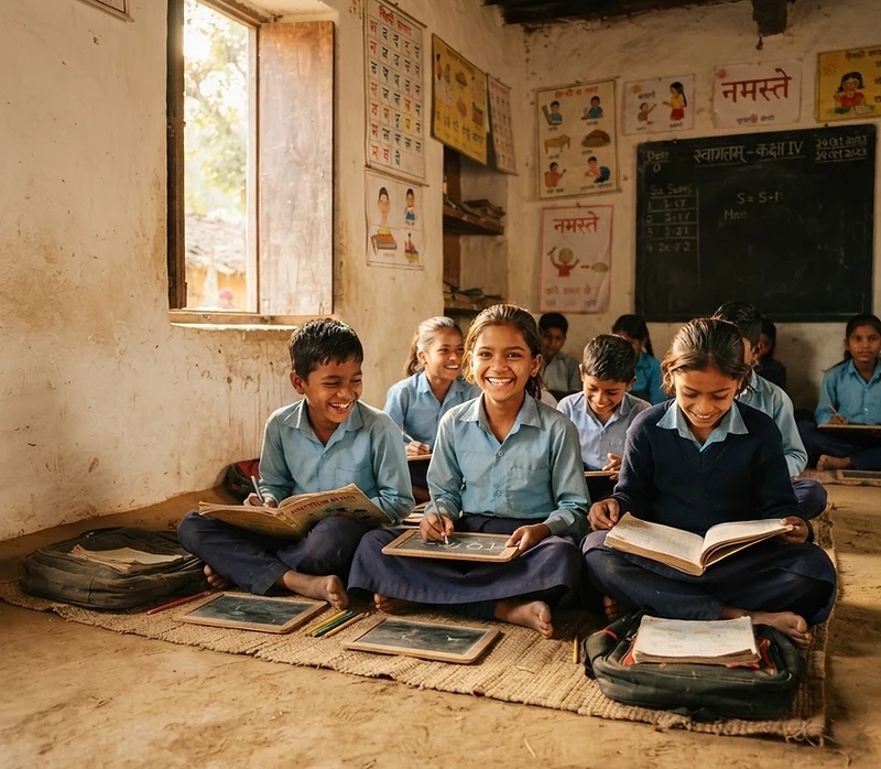 Rural Indian school children learning in a classroom