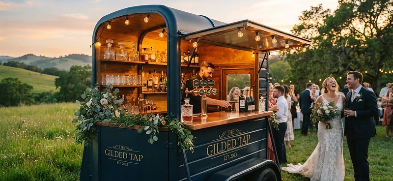 The Wagon mobile horse-trailer bar at golden hour in New Brunswick