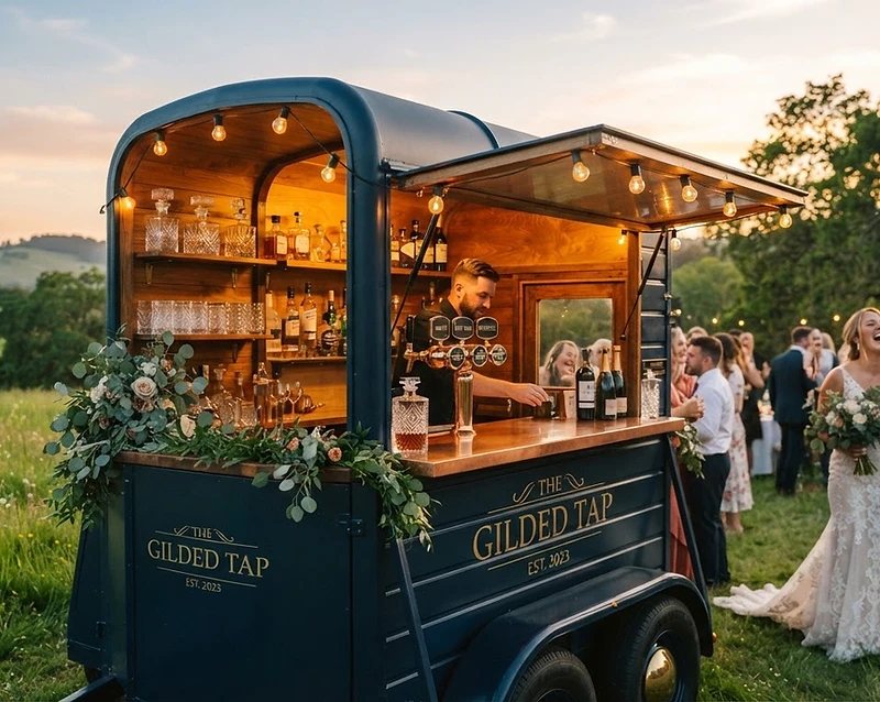 The Wagon converted horse trailer mobile bar at golden hour