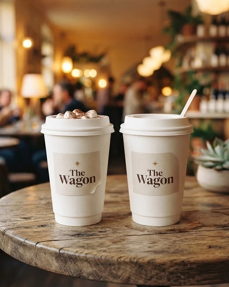 The Wagon hot chocolate in a branded cup at a winter market