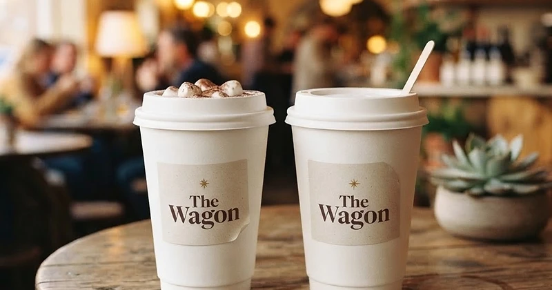The Wagon hot chocolate served in a branded to-go cup