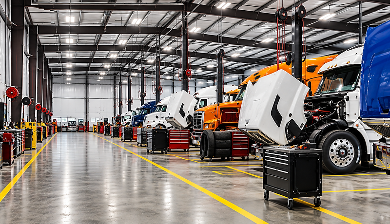 Row of commercial trucks in the Truck World service bays with heavy-duty tool chests along the aisle