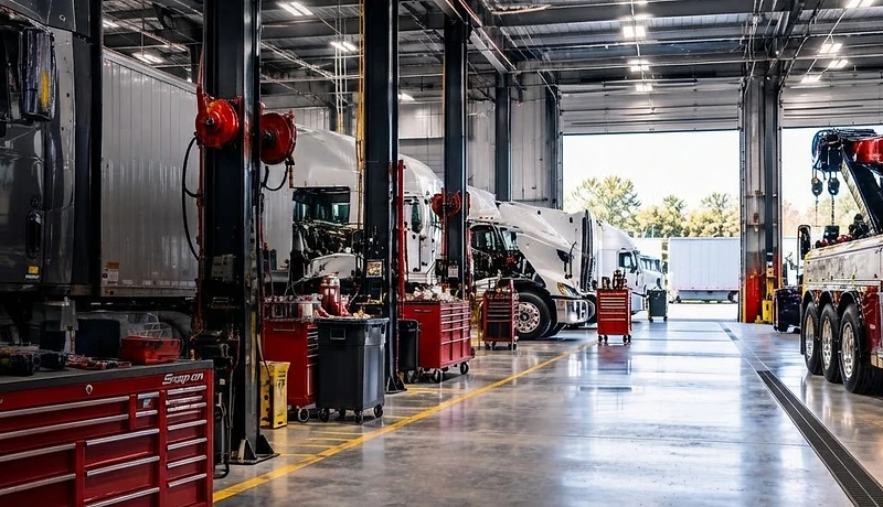 Bright Truck World commercial shop with trucks in the service bays, professional toolboxes, and shop equipment