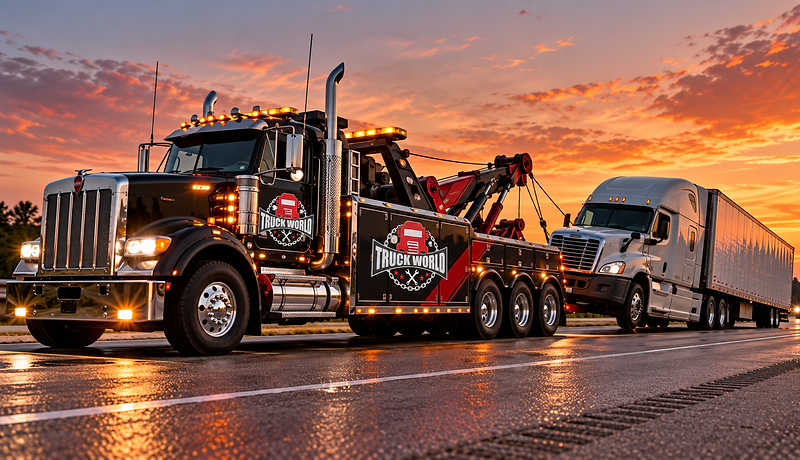 Truck World heavy-duty wrecker towing a disabled semi truck on the highway at sunset