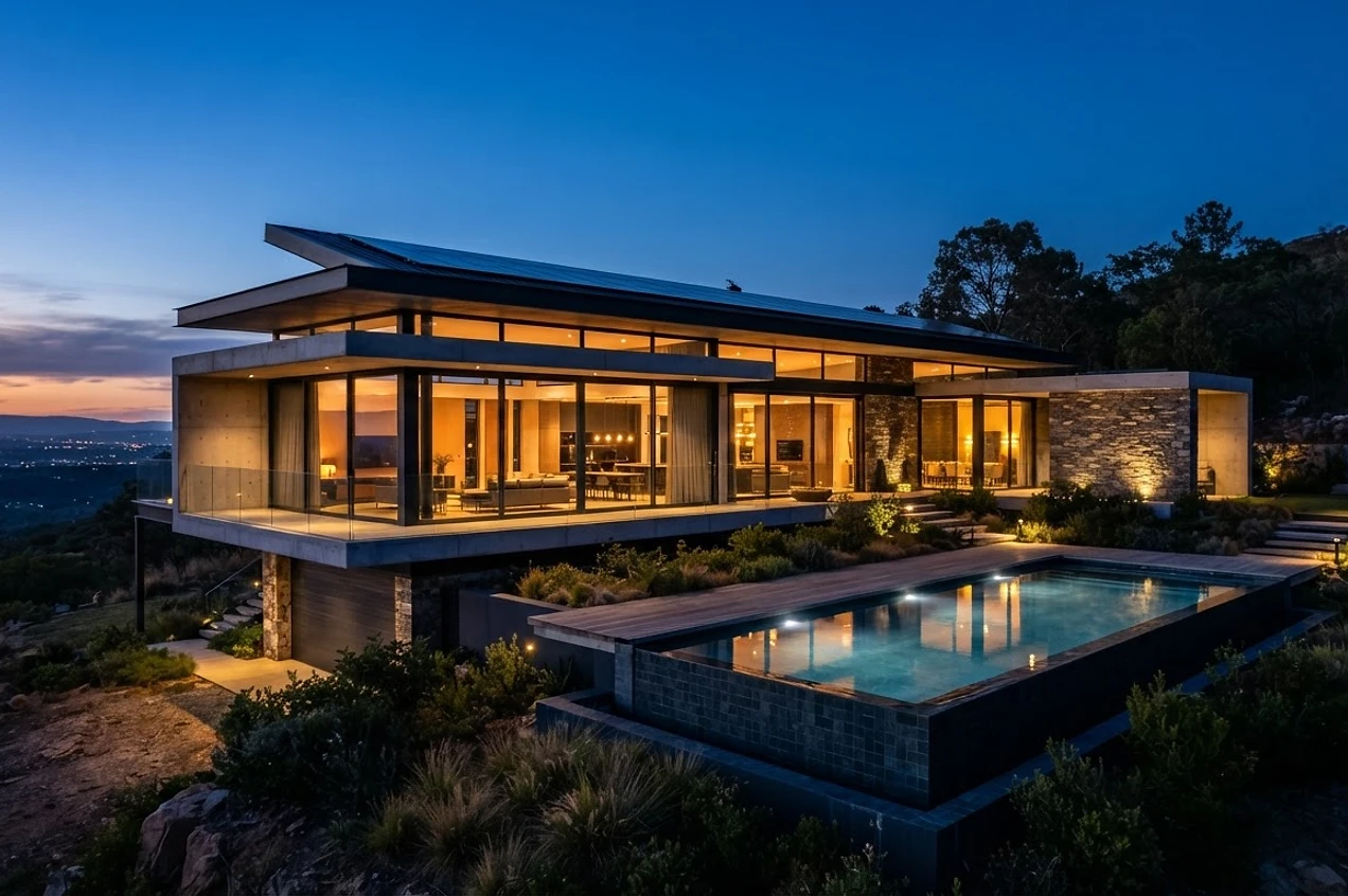 Luxury modern villa at dusk with integrated solar panels