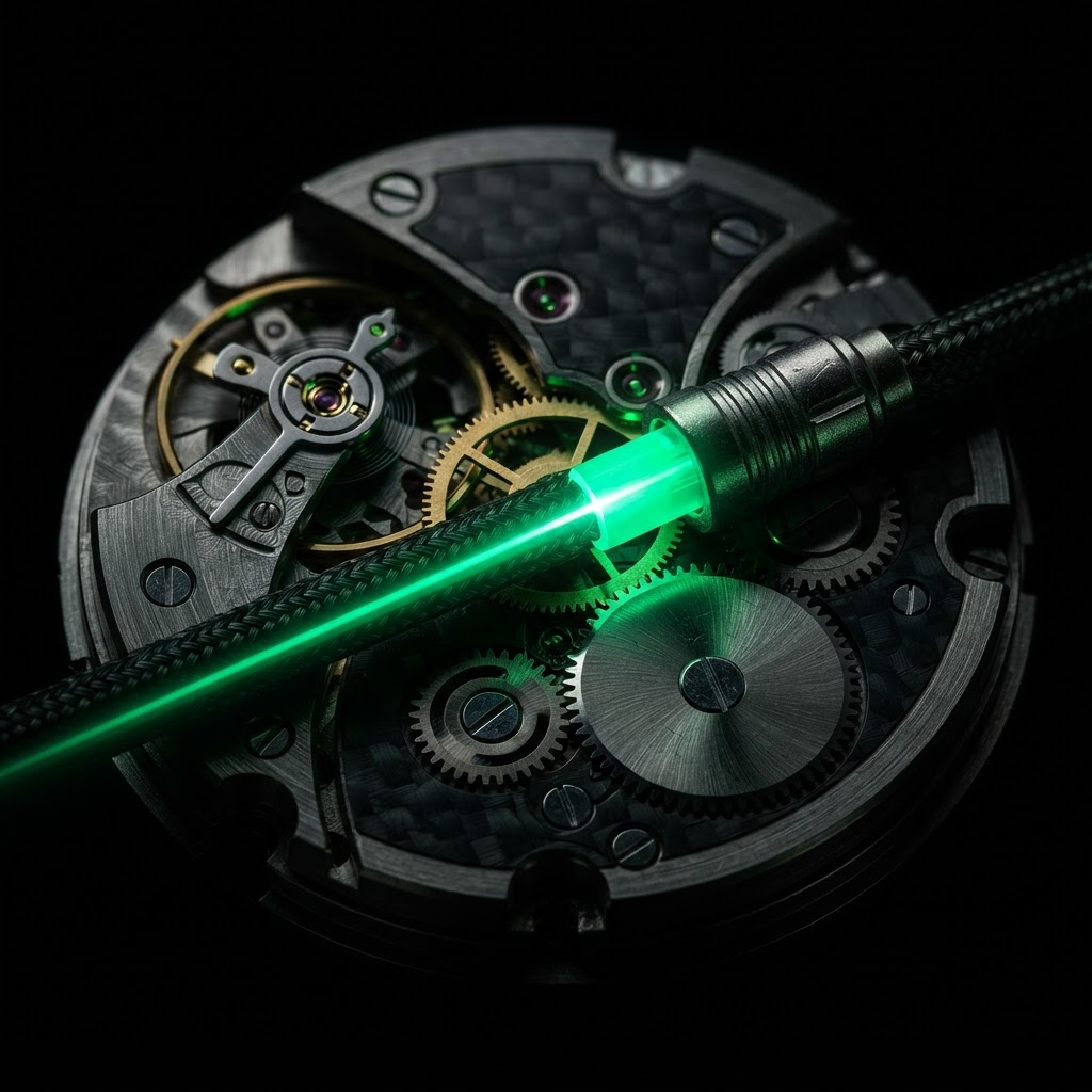 Precision-machined mechanism lit by electric green