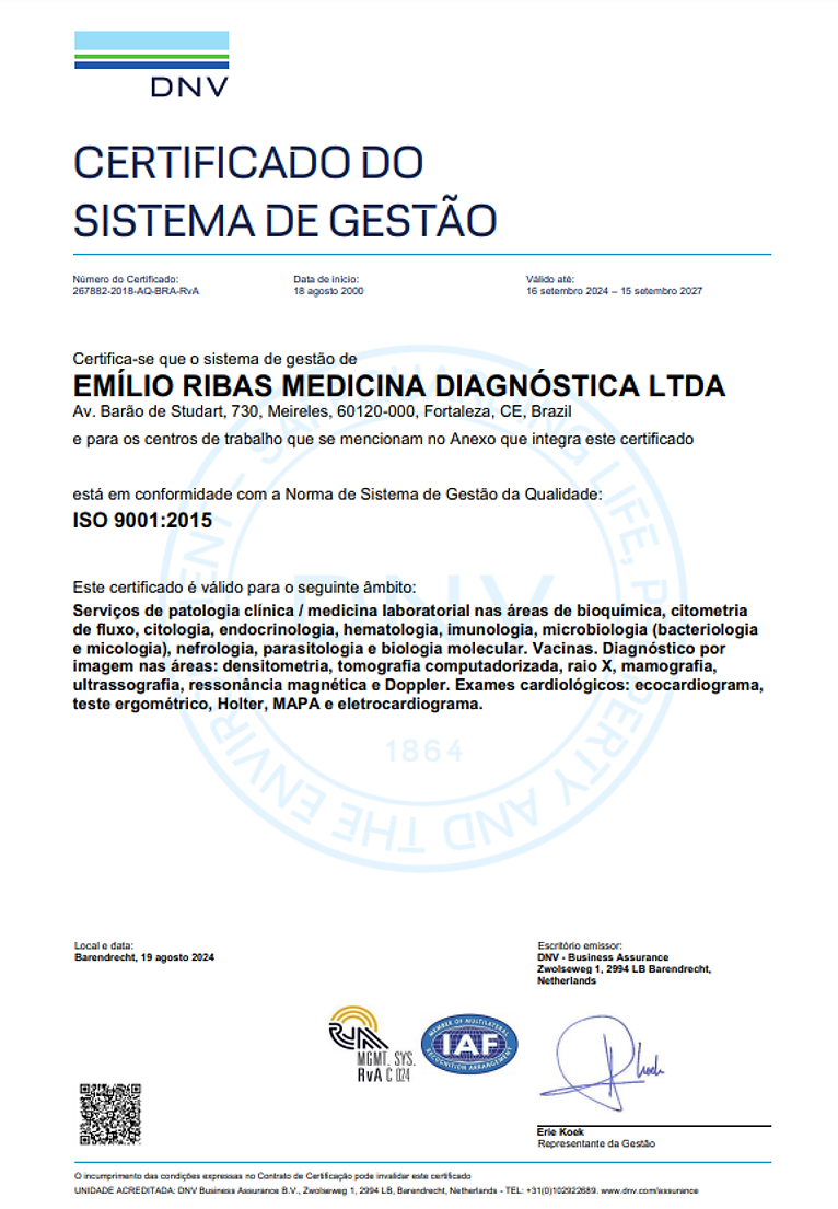 Certificado do Sistema de Gestão ISO 9001:2015 - Emílio Ribas Medicina Diagnóstica