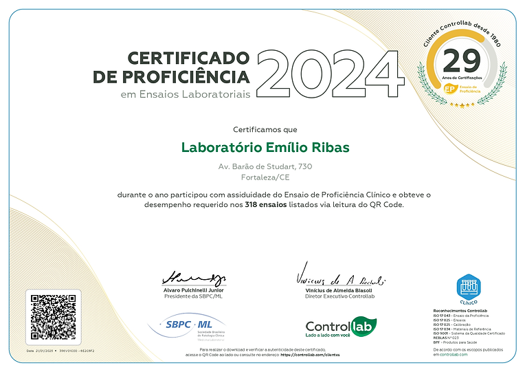 Certificado de Proficiência em Ensaios Laboratoriais - Controllab