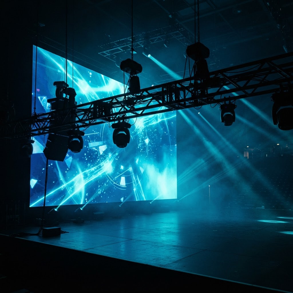 Large LED video wall glowing on a dark event stage