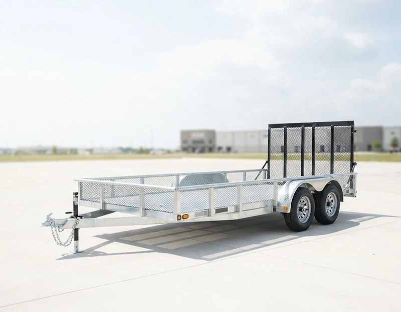 Open 616 utility trailer parked in bright daylight