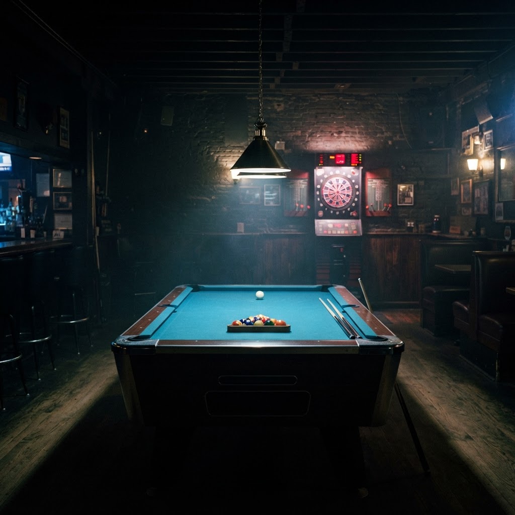 Blue felt pool table and red Arachnid dartboard at The Rock