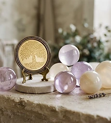 Translucent glass spheres beside the Tree of Life