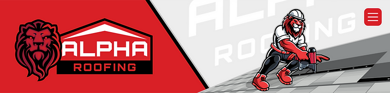 ALPHA Roofing lion emblem and lion roofer working on a shingle roof