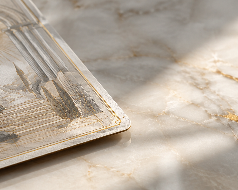 A hand-crafted tarot card resting on marble