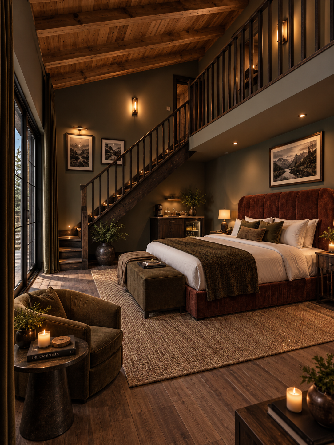 Rustic duplex suite with mezzanine, burgundy velvet headboard, and warm wood ceilings