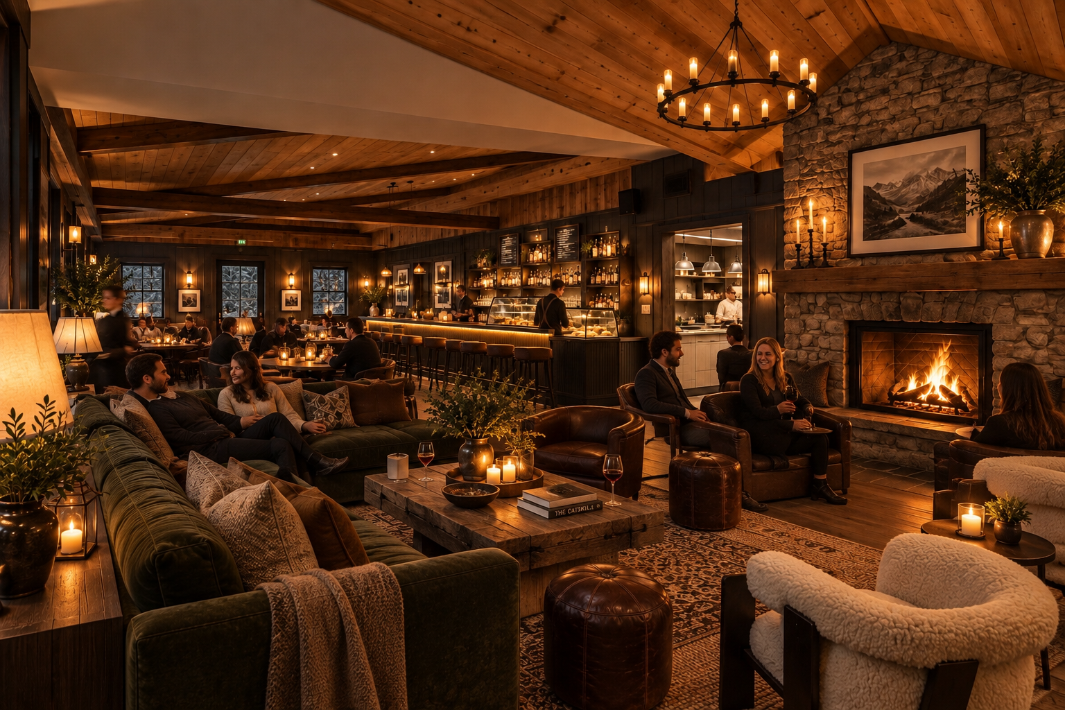 Fireside lounge — burgundy leather armchairs and stone fireplace