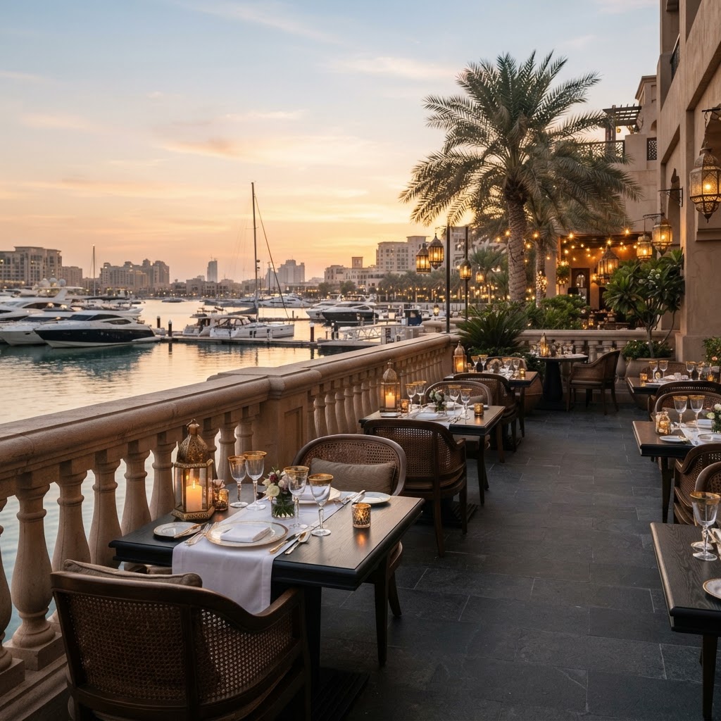Terrace seating overlooking the marina