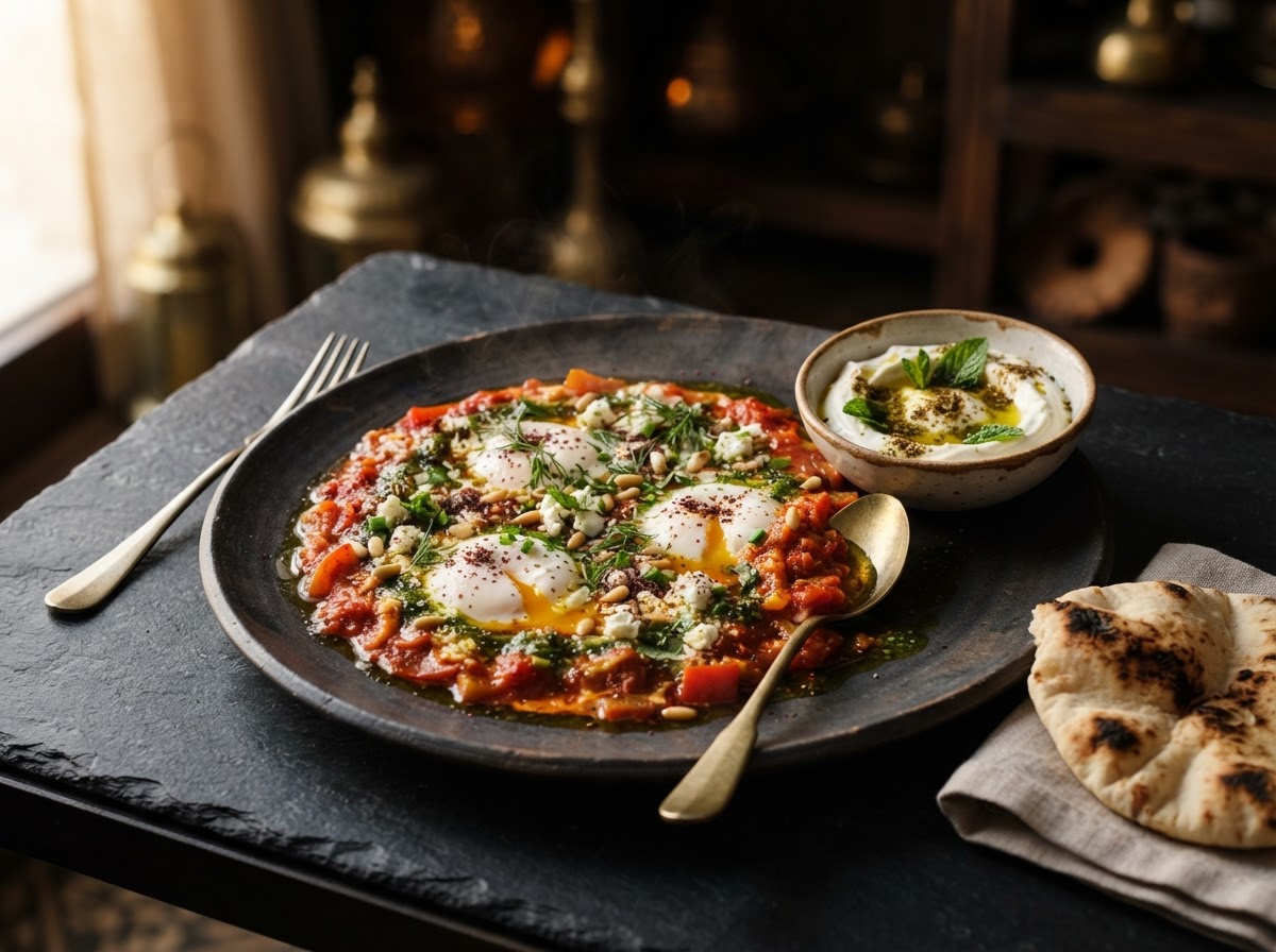 Shakshuka with herb oil and house labneh