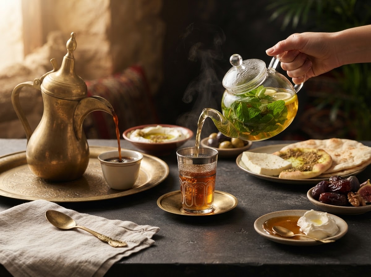 Arabic coffee and mint tea, served continuously