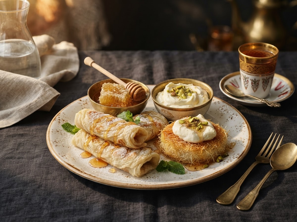 Fresh pastries, honey and clotted cream