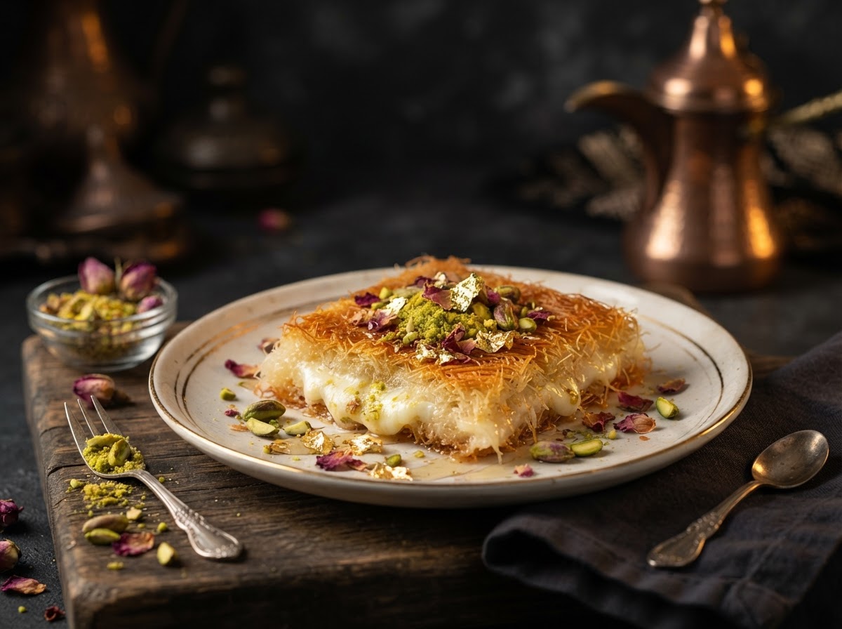 Pistachio kunafa, served warm