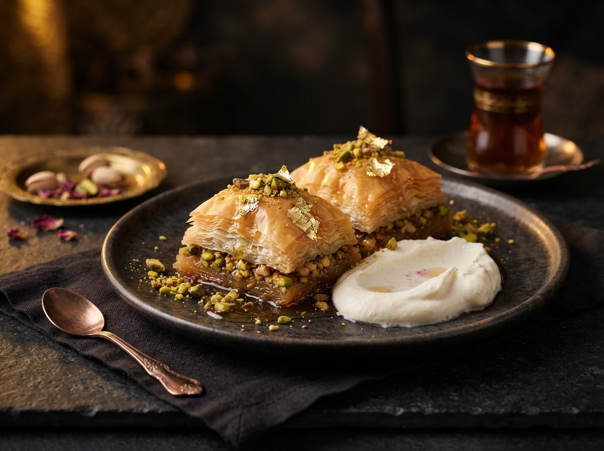 Honey baklava with clotted cream