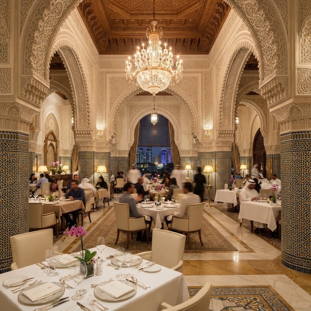 Andalusian hall with mosaic work and chandeliers