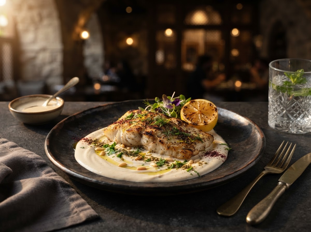 Grilled hammour with tahini and lemon