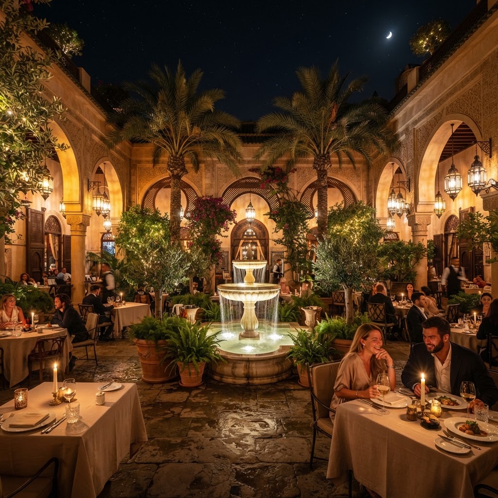 Courtyard garden with fountain and lanterns