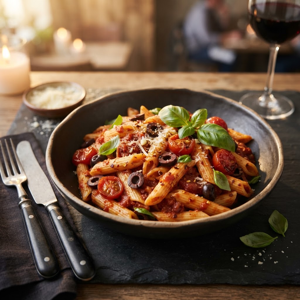Pasta Arrabiata with Black Olives