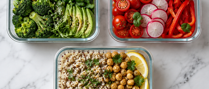 Organized glass meal prep containers with colorful vegetables and grains on a marble surface