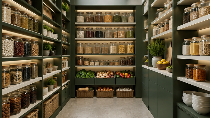 Softly glowing, perfectly organized pantry interior