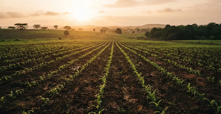 Fertile Ghanaian farmland at golden hour
