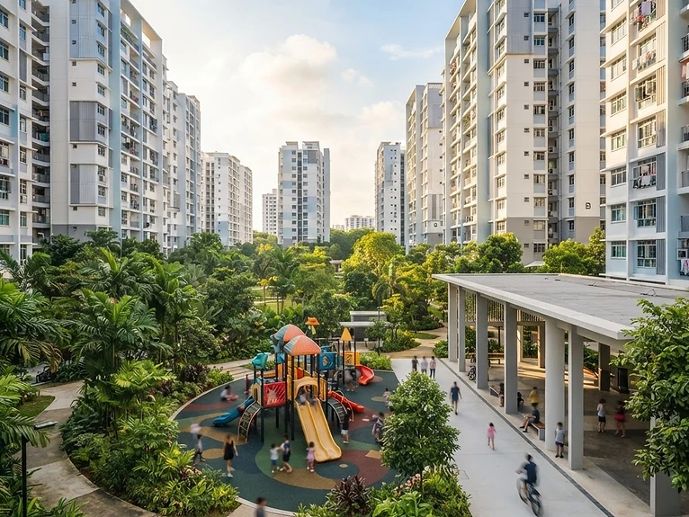 Wide view of an HDB estate with greenery, representing Bedok