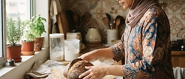A home baker in an HDB kitchen placing a sourdough loaf on a cooling rack