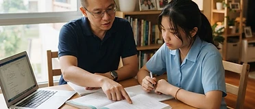 A tutor and student working through a workbook at a home study table