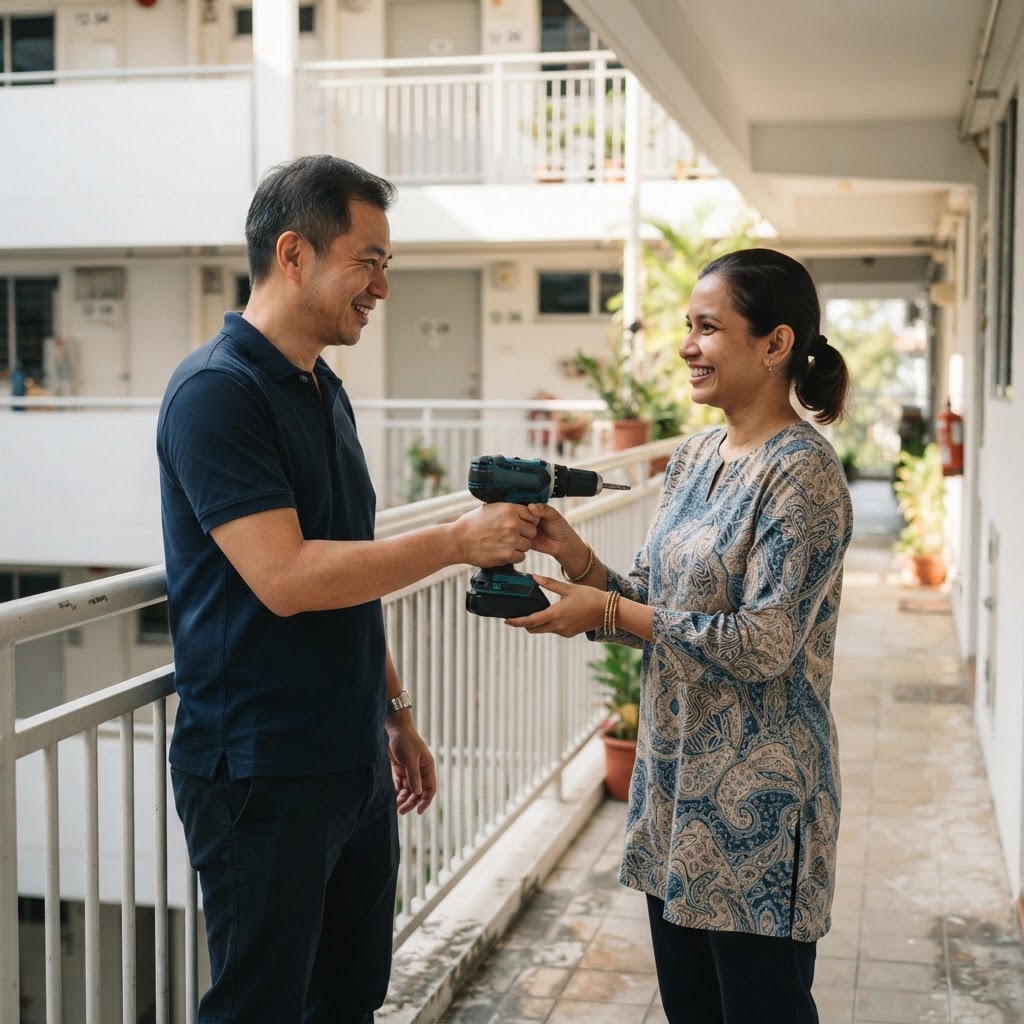 Two neighbours handing over a power drill in an HDB corridor