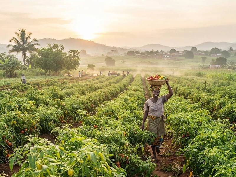Bright sunlit Ghanaian vegetable farm at golden morning hour