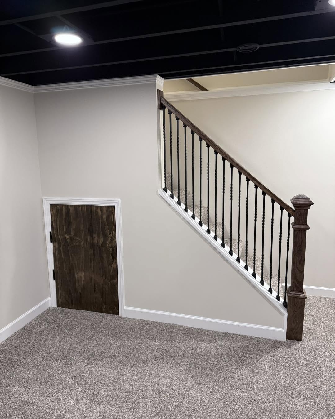 Finished basement staircase with iron balusters and painted ceiling by Fisher Remodeling