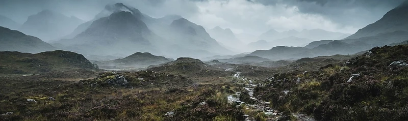 Scottish highland moorland in cold mist