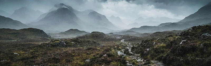 Scottish highland moorland in cold mist