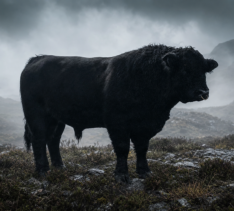 Black Scottish bull standing in cold mist on a rugged moor