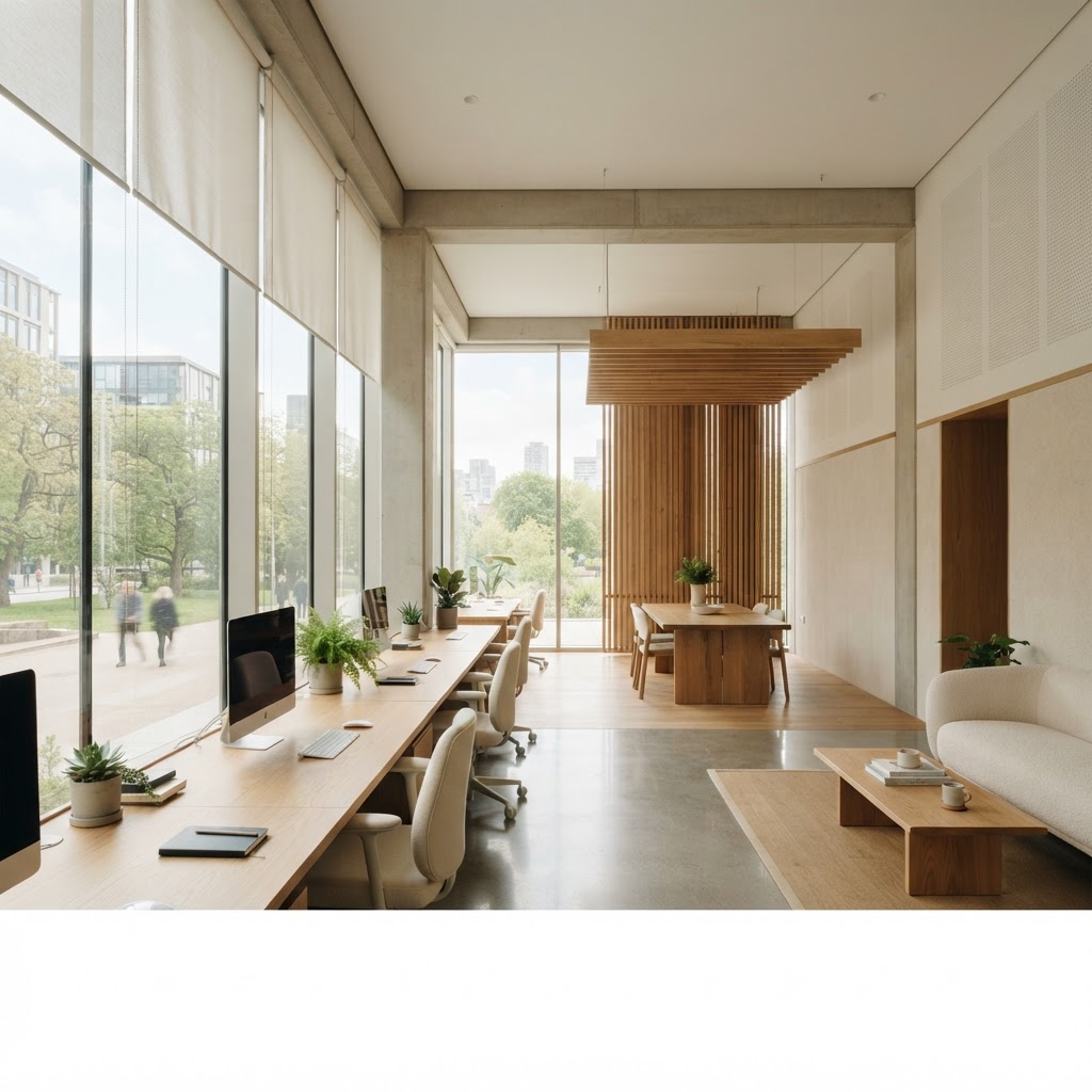 Bright, modern professional workspace with warm timber accents and soft natural light