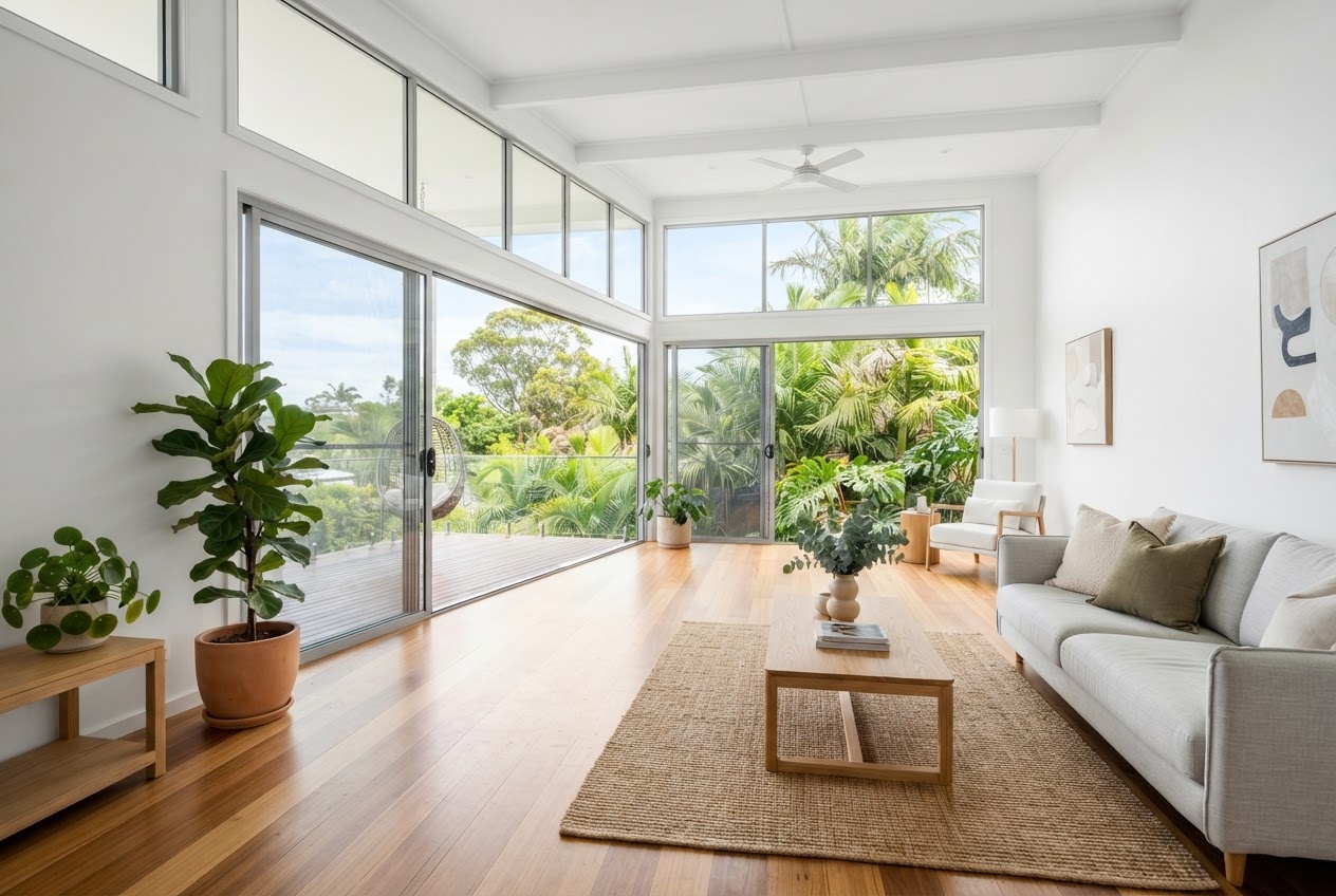 Bright, airy modern workspace with floor-to-ceiling windows