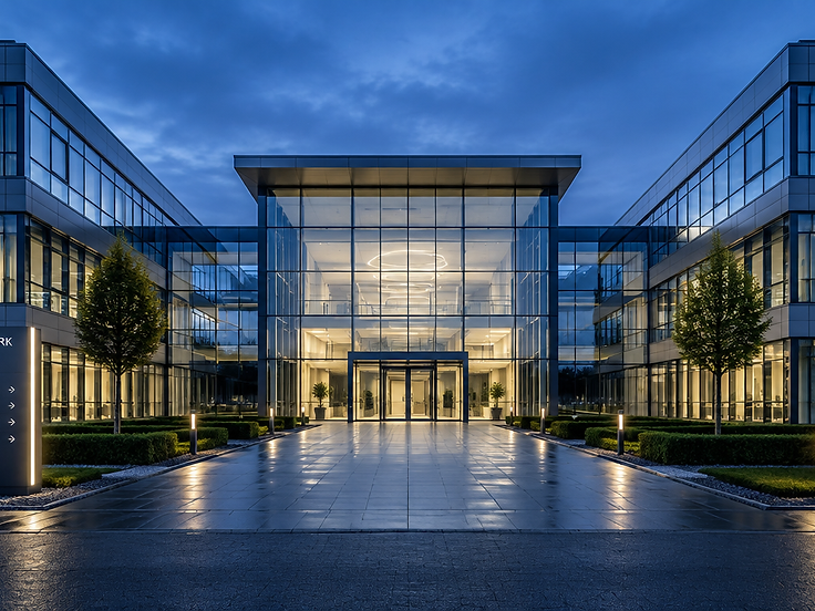 Moderne Gewerbearchitektur mit Glas- und Stahlfassade