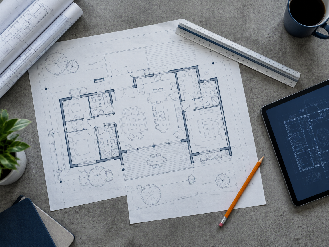 Architectural plans and a tablet on a table, used for remote project coordination