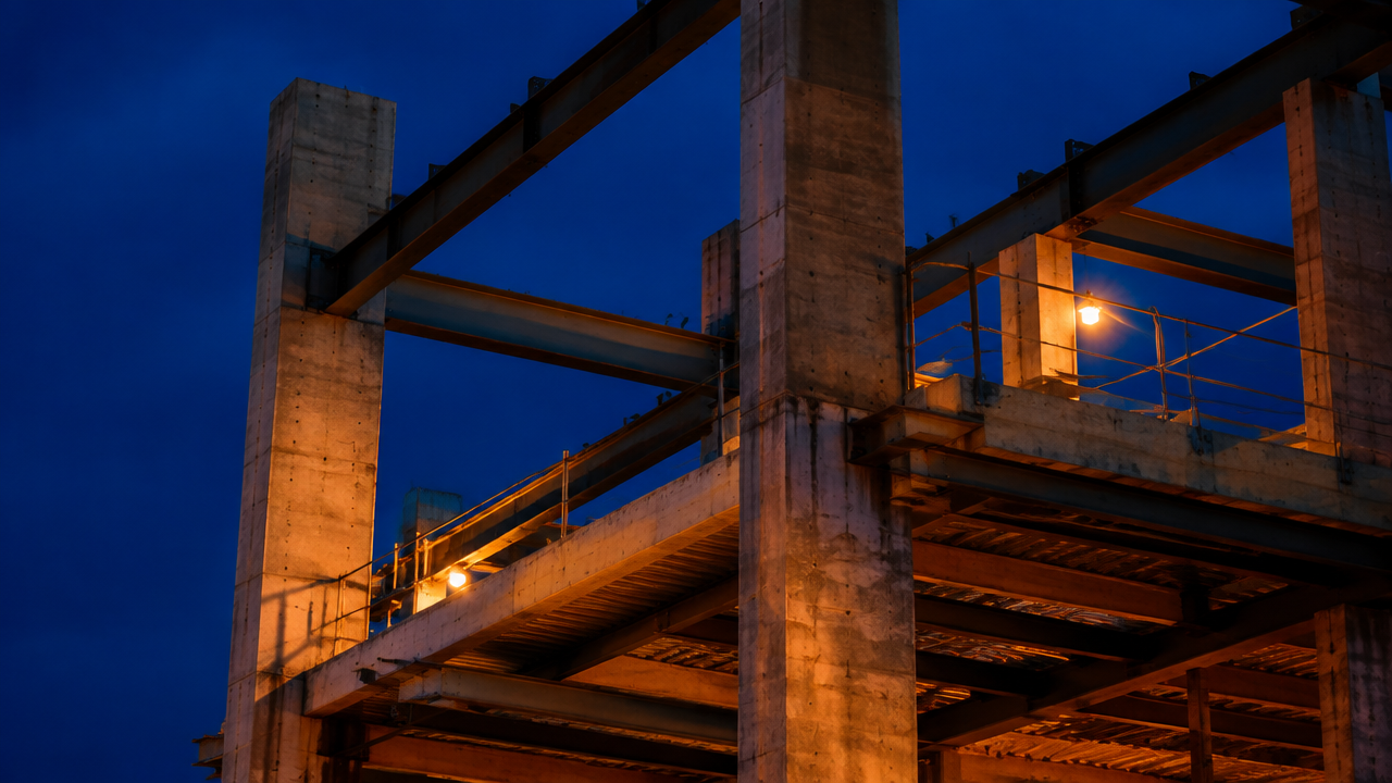 Reinforced concrete and steel structure at dusk