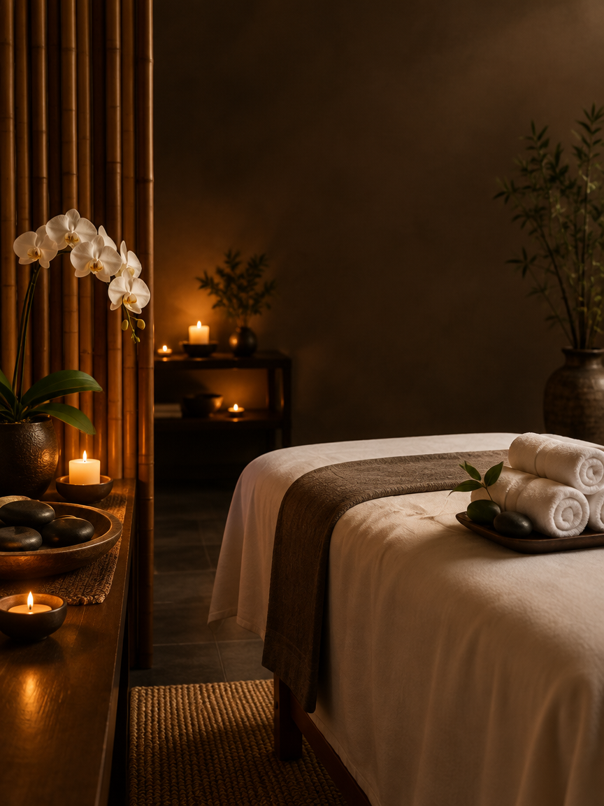 Serene spa room with candles and orchid